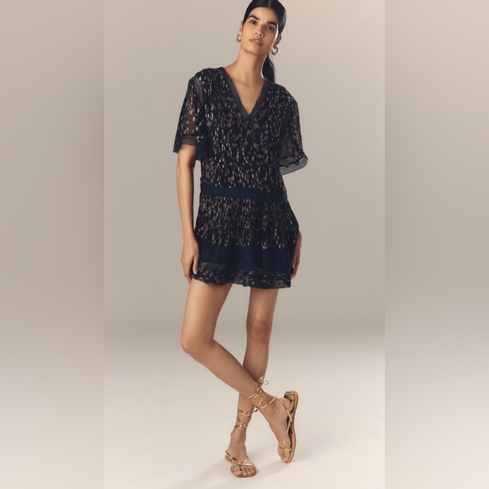 Maeve Anthropologie Lurex Tiered Mini Dress In Navy Floral Combo